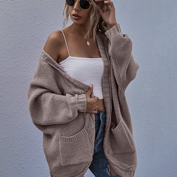 open front knit pocket batwing sleeve cardigan